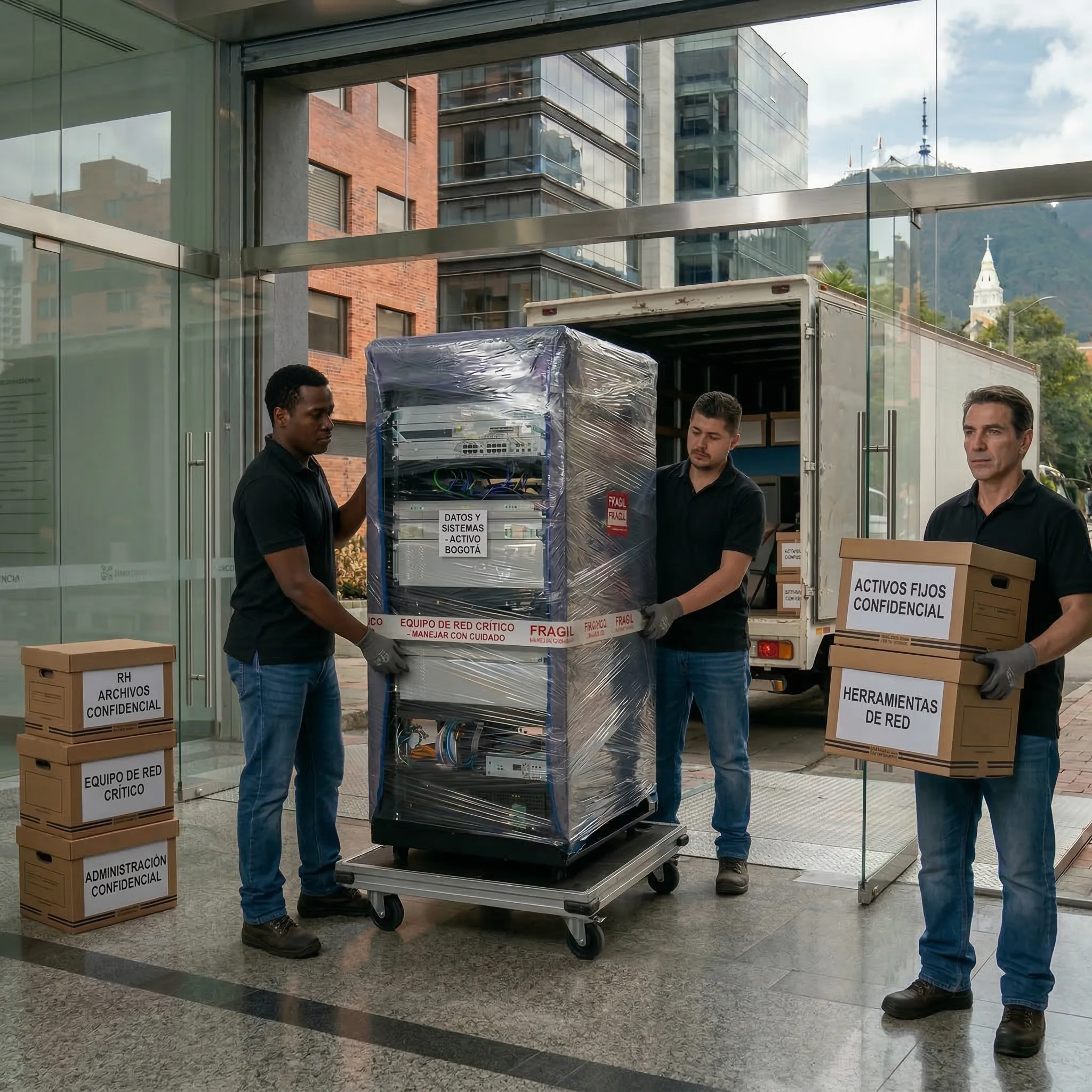 Mudanza empresarial con equipos y mobiliario de oficina en Bogotá